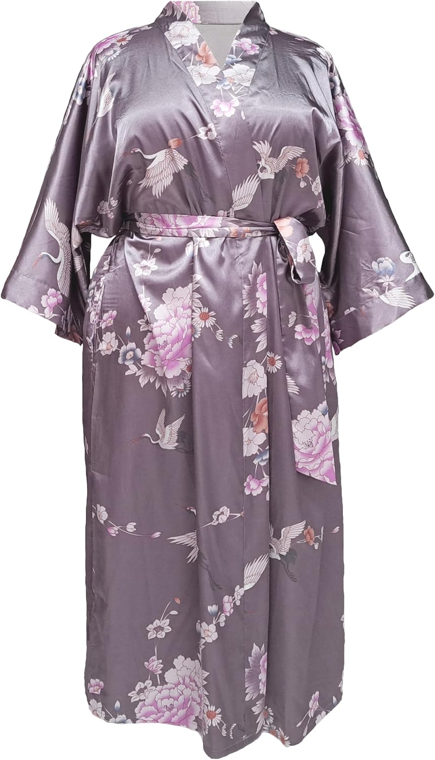 RED DOT BOUTIQUE 696 Plus Size Women's Smooth Satin Silky 3/4 Sleeves Kimono Long Robe Crane Floral