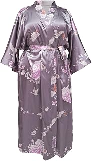 696 Plus Size Women's Smooth Satin Silky 3/4 Sleeves Kimono Long Robe Crane Floral