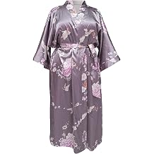 RED DOT BOUTIQUE 696 Plus Size Womens Smooth Satin Silky 3/4 Sleeves Kimono Long Robe Crane Floral