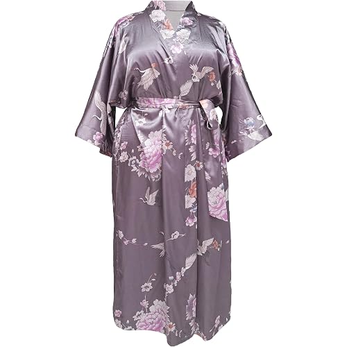 RED DOT BOUTIQUE 696 Plus Size Women's Smooth Satin Silky 3/4 Sleeves Kimono Long Robe Crane Floral