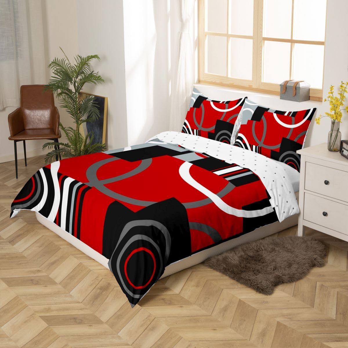 Feelyou Kids Red and Black Bedding Set Full Size Circle Duvet Cover for Boys Girls Teens Bedroom Decor Geometric Square Comforter Cover Set Modern Art Red Bedspread Cover with 2 Pillow Cases