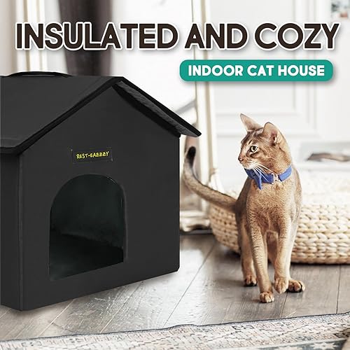 Rest-Eazzzy Cat House for Outdoor Cats, Weatherproof and Insulated Feral Cat House with Mat and Clip, Easy to Put Together, Selfwarming Cat Shelter for Winter, Never Blow Away (Black, House X 2)