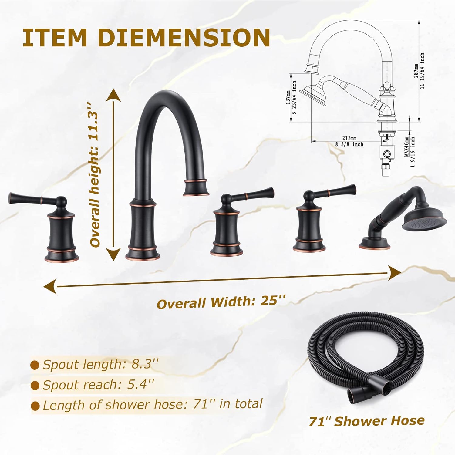 Roman Tub Faucet with Hand Shower, Antique Tub Shower Faucet Set with Valve for 5 Hole, Deck Mount Shower Tub Faucet Set，3 Handle Bath Tub Faucet High Flow, Oil Rubbed Bronze(B2309-ORB)
