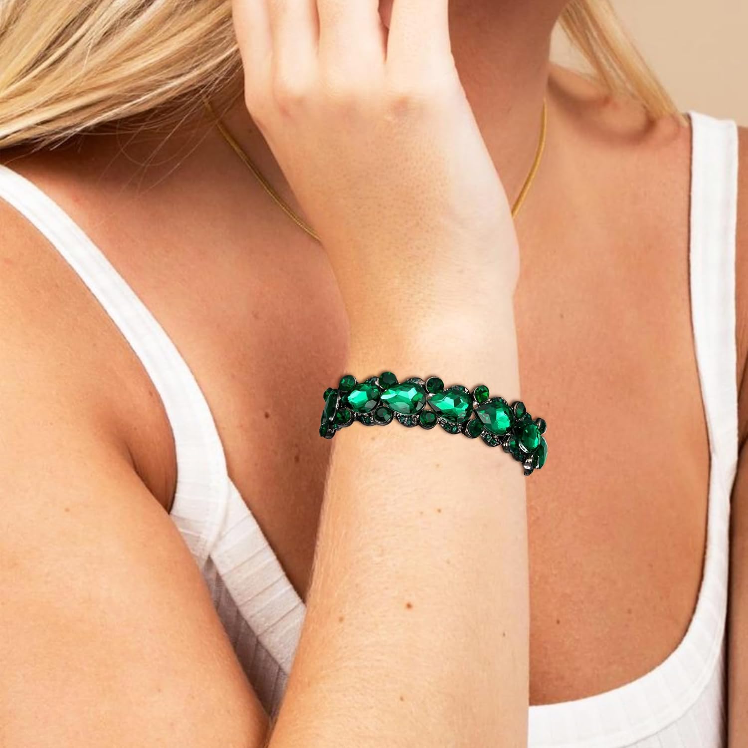 Flyonce Women's Austrian Crystal Wedding Bridal Floral Tear Drop Elastic Stretch Bracelet - Image 2