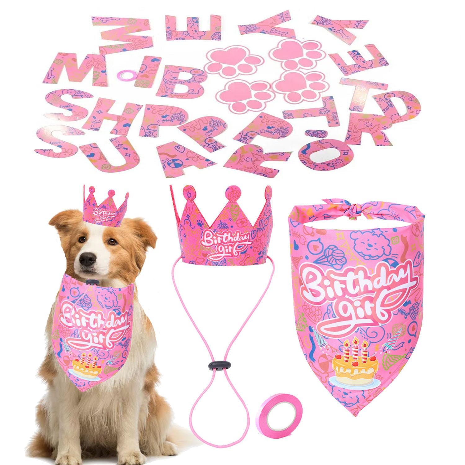 Pet Birthday Bandana & Hat Set for Dogs & Cats - Adjustable Pet Party Hat Scarf Dog Dress Outfit Birthday Party Supplies Decorations for Girl Puppy Kitten Celebrations- Pink
