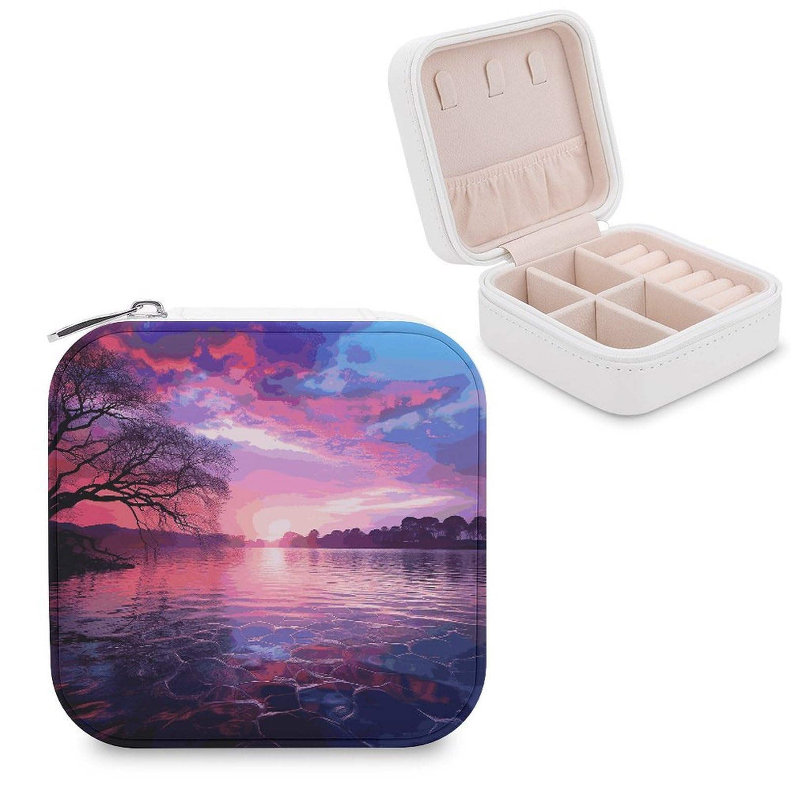 JTREHY Travel Purple Sunset on Water Jewelry Case Portable Display Storage Box PU Leather Mini Jewelry Travel Case Personalized Travel Jewelry Organizer Small Jewelry Box for Women
