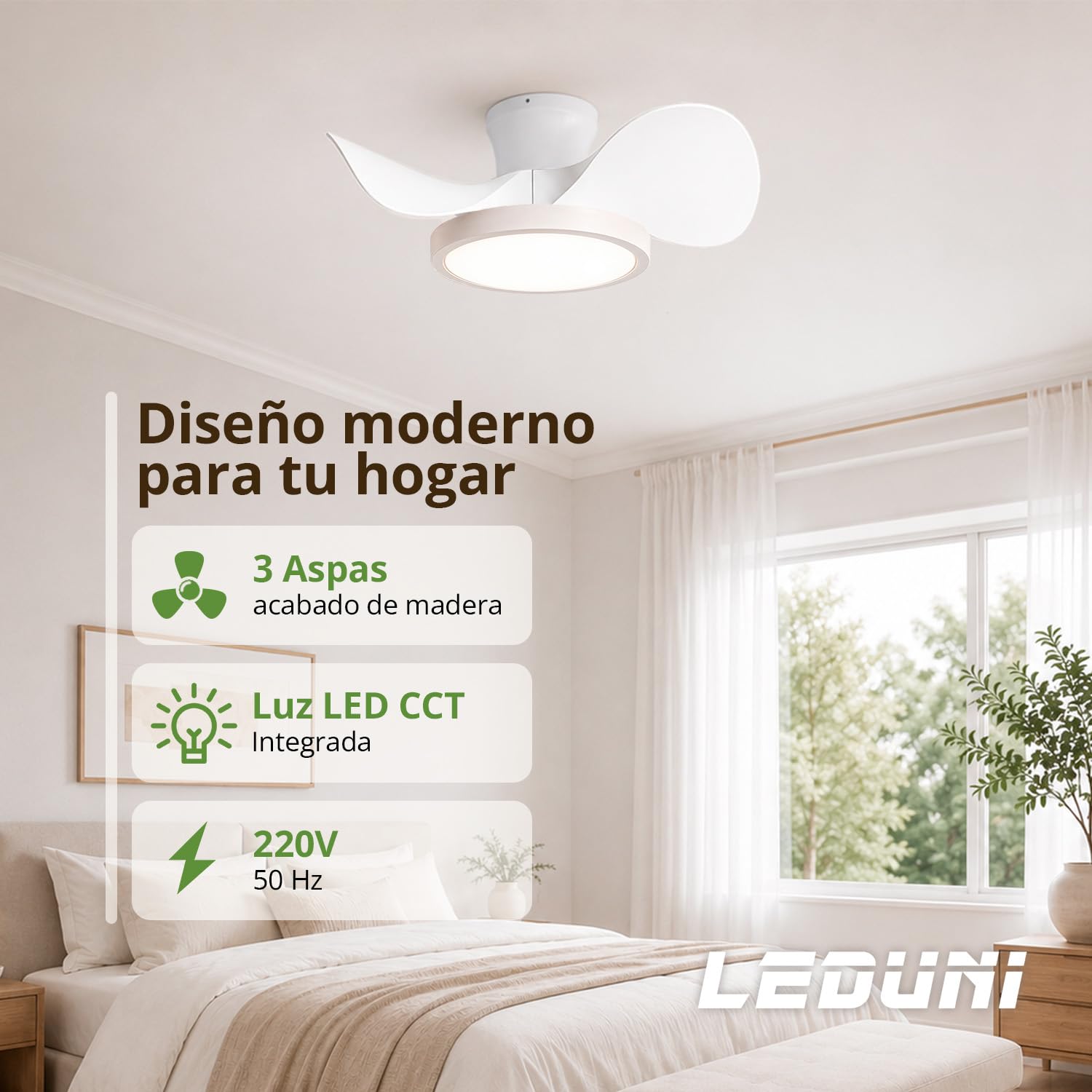 LEDUNI Ventilador de techo con luz LED 20W, motor DC 35W silencioso,ahorro energia y gran volumen de air, mando a distancia para cocina, dormitorio, comedor, patio Modos (Invierno/Verano) (Blanco) | gran volumen de air, silencioso mando a distancia para c