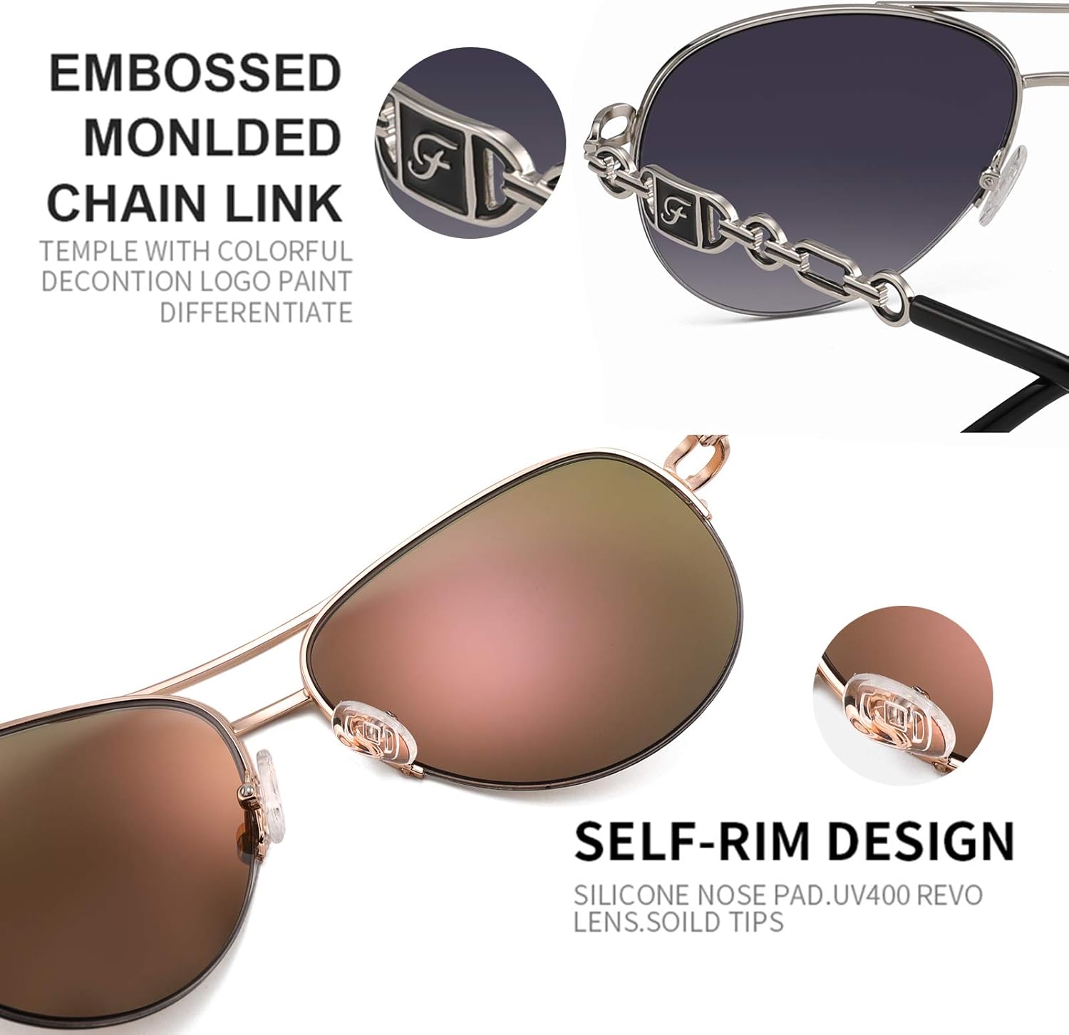 FENCHI Classic Aviator Sunglasses for Women Mirrored Lens Chain Arms Half Rim Metal Frame Sun Glasses UV 400 Protection 60mm - Image 4