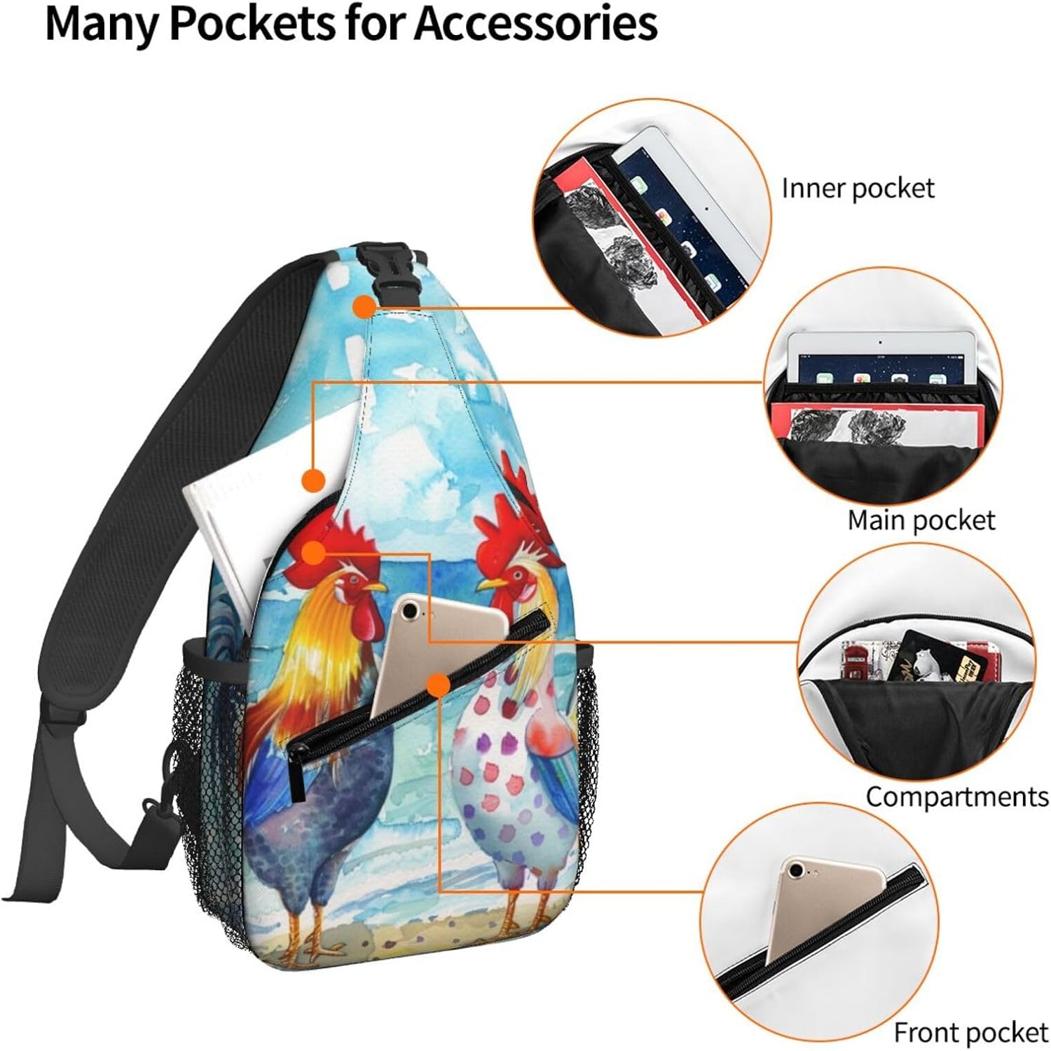 Rooster Beach Watercolor Sling Bag For Women Crossbody Shoulder Bag Casual Daypack Backpacks Men Chest Bag Gym Cycling Travel Hiking - Image 4