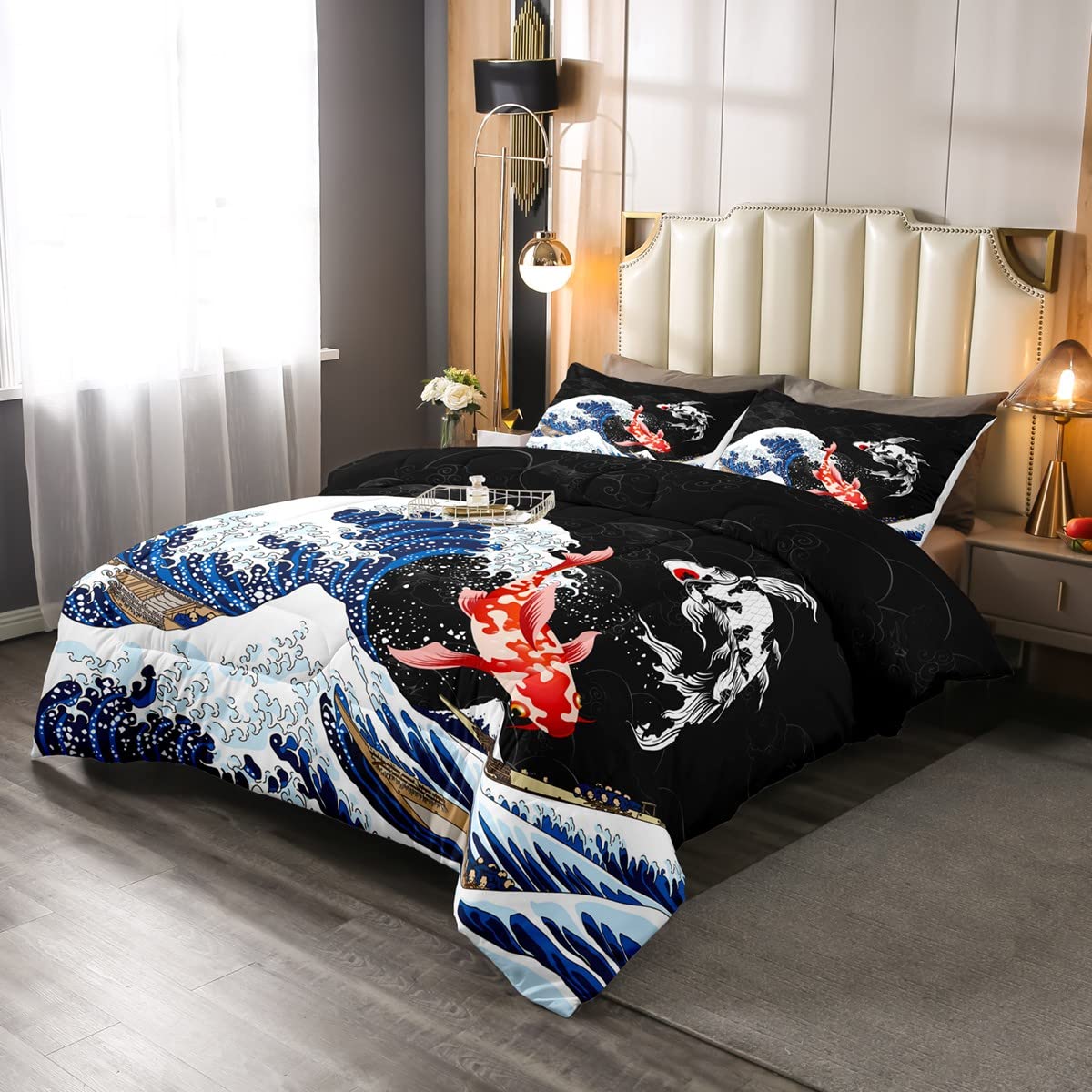 Feelyou Japanese Ukiyoe Fish Comforter Set Ocean Surfing Koi Toddler Bedding Set Kids Boys Adult Japanese-Style Exotic Koi Animal Comforter Exotic Style Quilt Set Bedroom Collection 3Pcs Queen Size