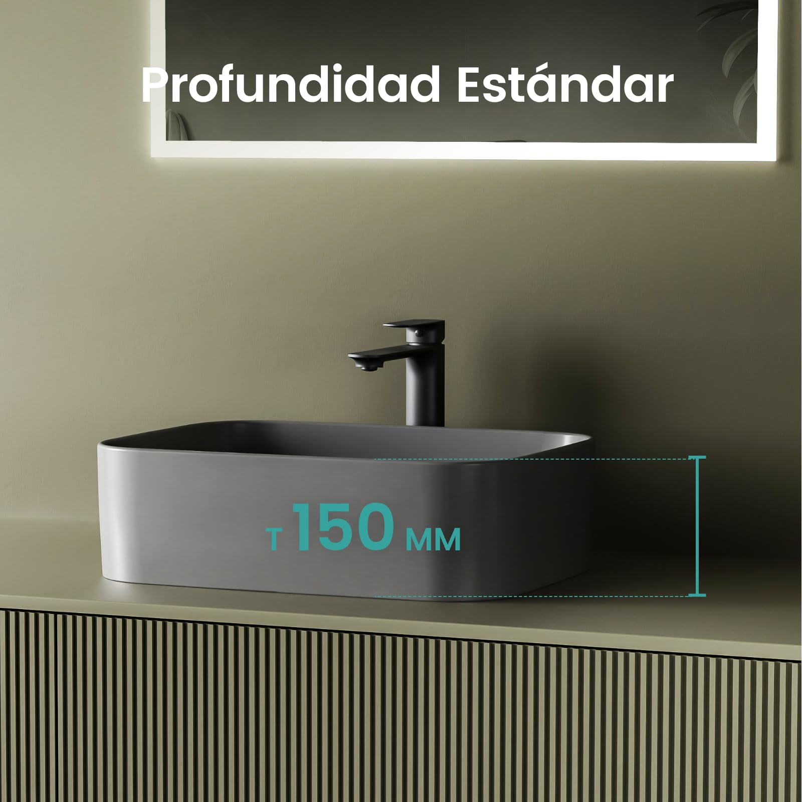 EMKE Lavabo de Cerámica, Rectangular 61 × 38 × 15 cm, Lavamanos para Aseos, Lavabo Cerámico para Cuartos de Baño,Gris Mate