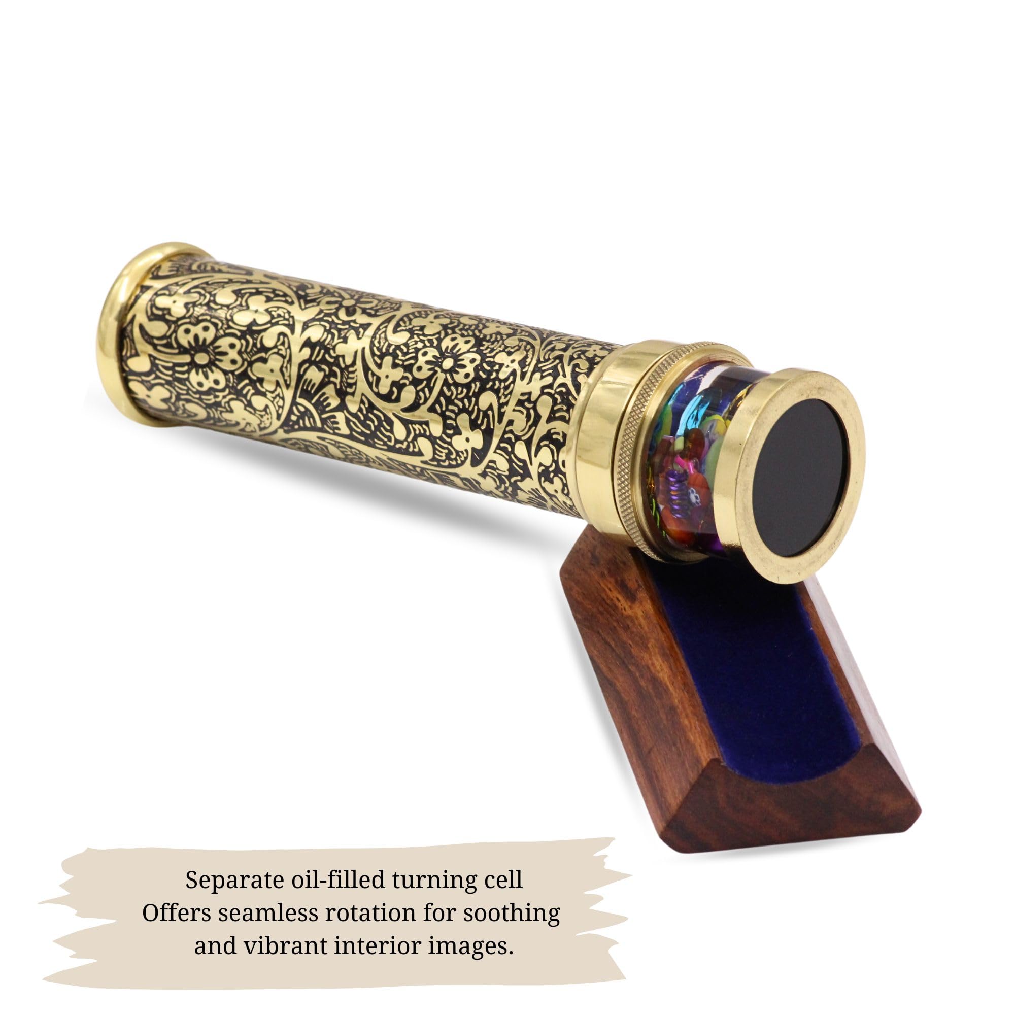 Handgefertigtes Öl-Kaleidoskop aus Messing, Blumengärten, säuregeätztes Vintage-Fass, ölgefüllte Zelle, 3-Spiegel-System, Holzsockel, einzigartiges Geschenk, Sammlerstück, personalisierte