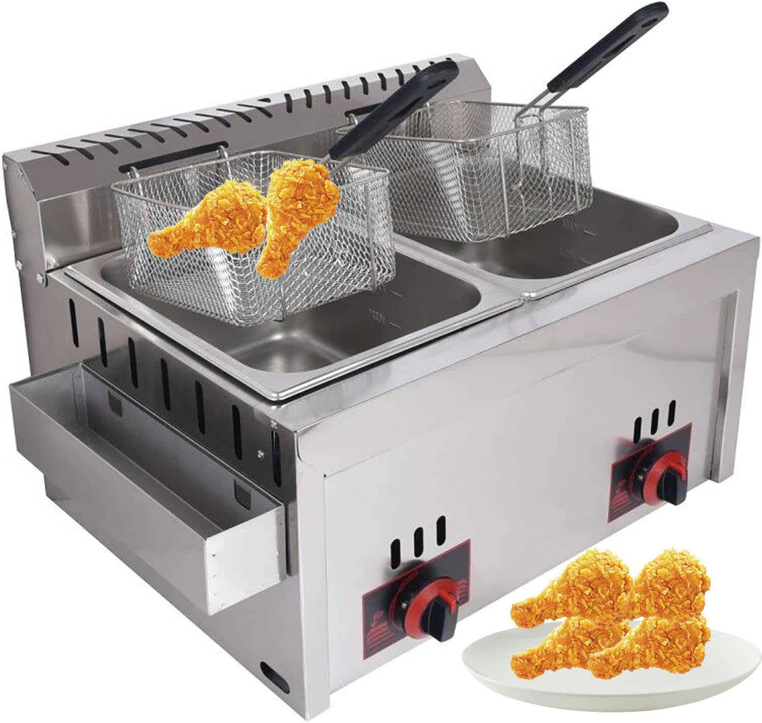 Friggitrice a gas di grande capacità, in acciaio inox, GPL, con potenza di fuoco regolabile per patatine, ciambelle, pesce, facile da pulire, di grado commerciale, include cestini e coperchi, 10 x 2 l