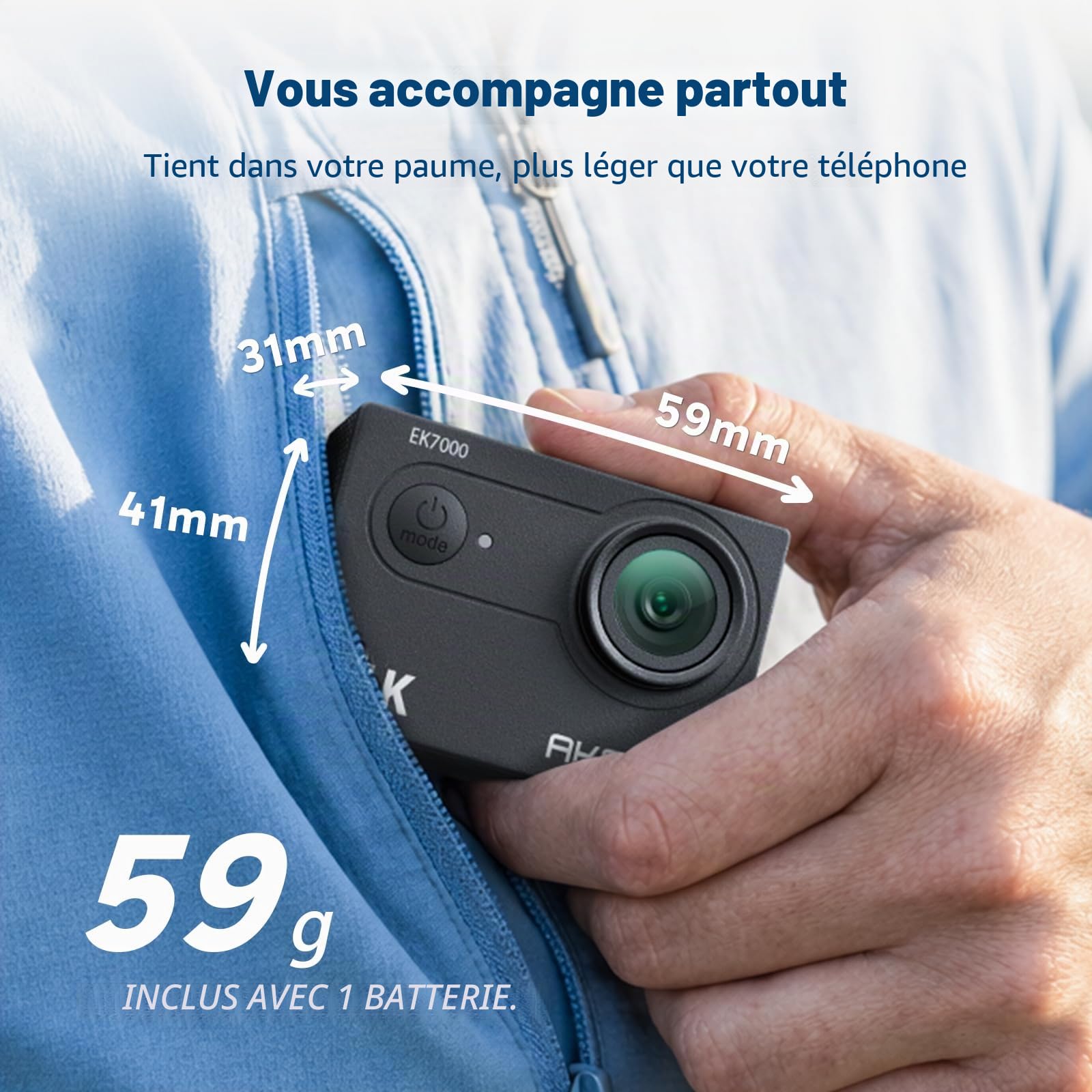 AKASO EK7000 Caméra Sport 4K 30fps 20MP WiFi avec Carte Mémoire microSDXC 64 Go, Action Camera 4k Étanche jusqu'à 30M avec Stabilisation Grand Angle de 170° Télécommande 2.4G