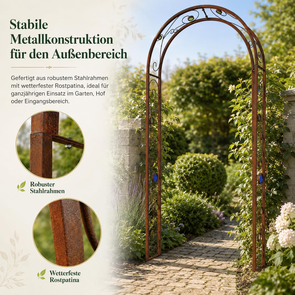ZenMan Edelrost Rosenbogen aus Metall – Rost Gartenbogen Rankhilfe B120:H220 :W30 cm – Cortenstahl Optik Torbogen für Kletterrosen, Rankpflanzen & Gartendeko-031931