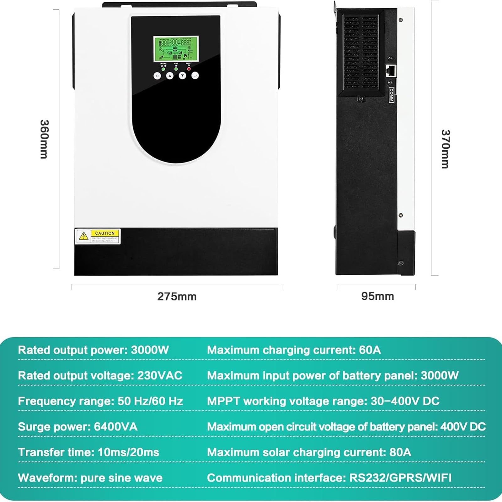 Inversor híbrido de 3000W, inversor Solar híbrido 24V AC230V con Controlador de Carga Solar MPPT de 80A, Entrada PV 30-400VDC