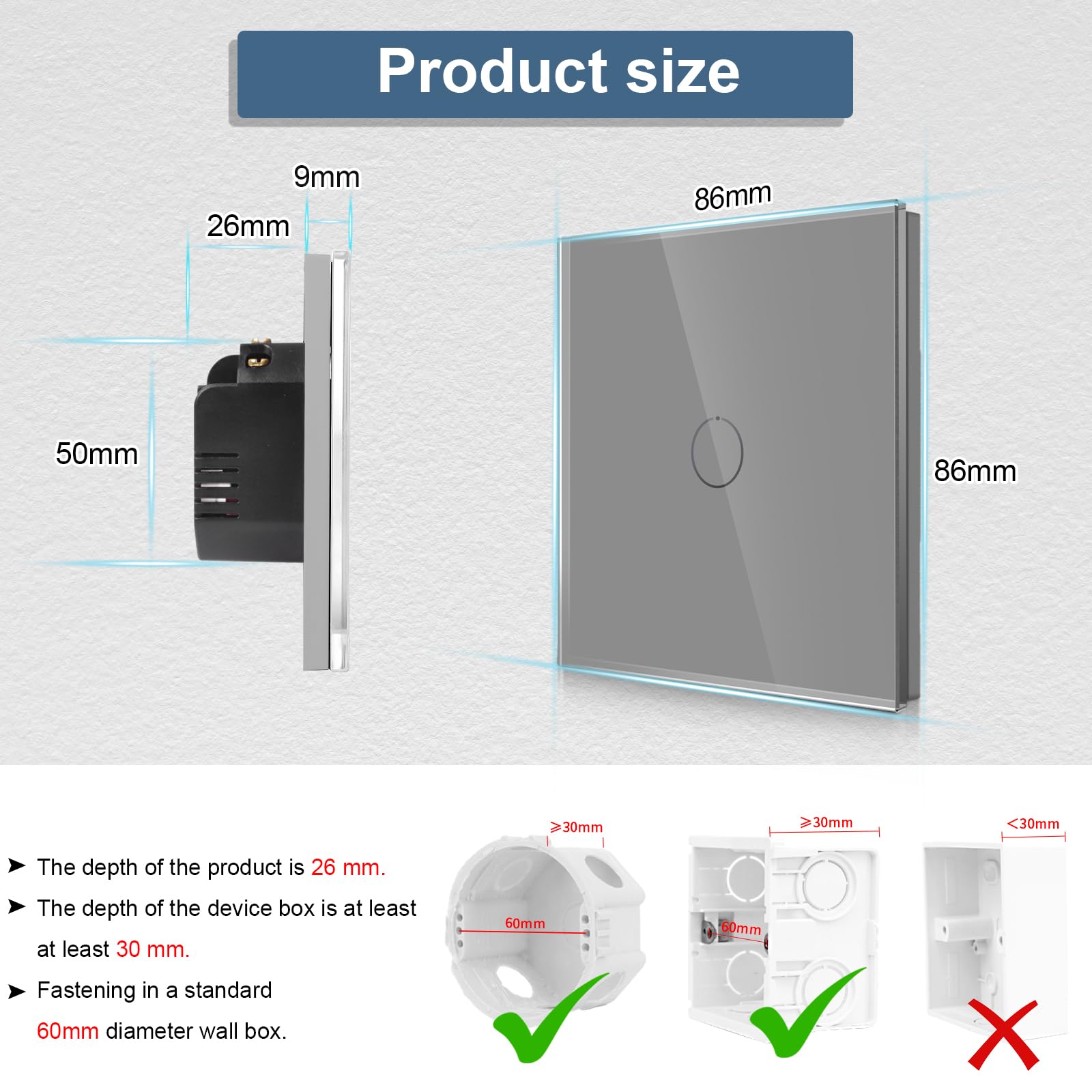 CNBINGO 2-Way Touch Light Switch, Grey Wall Switch with Glass Panel and Status LED Backlight, No Neutral Wire Required - Image 3
