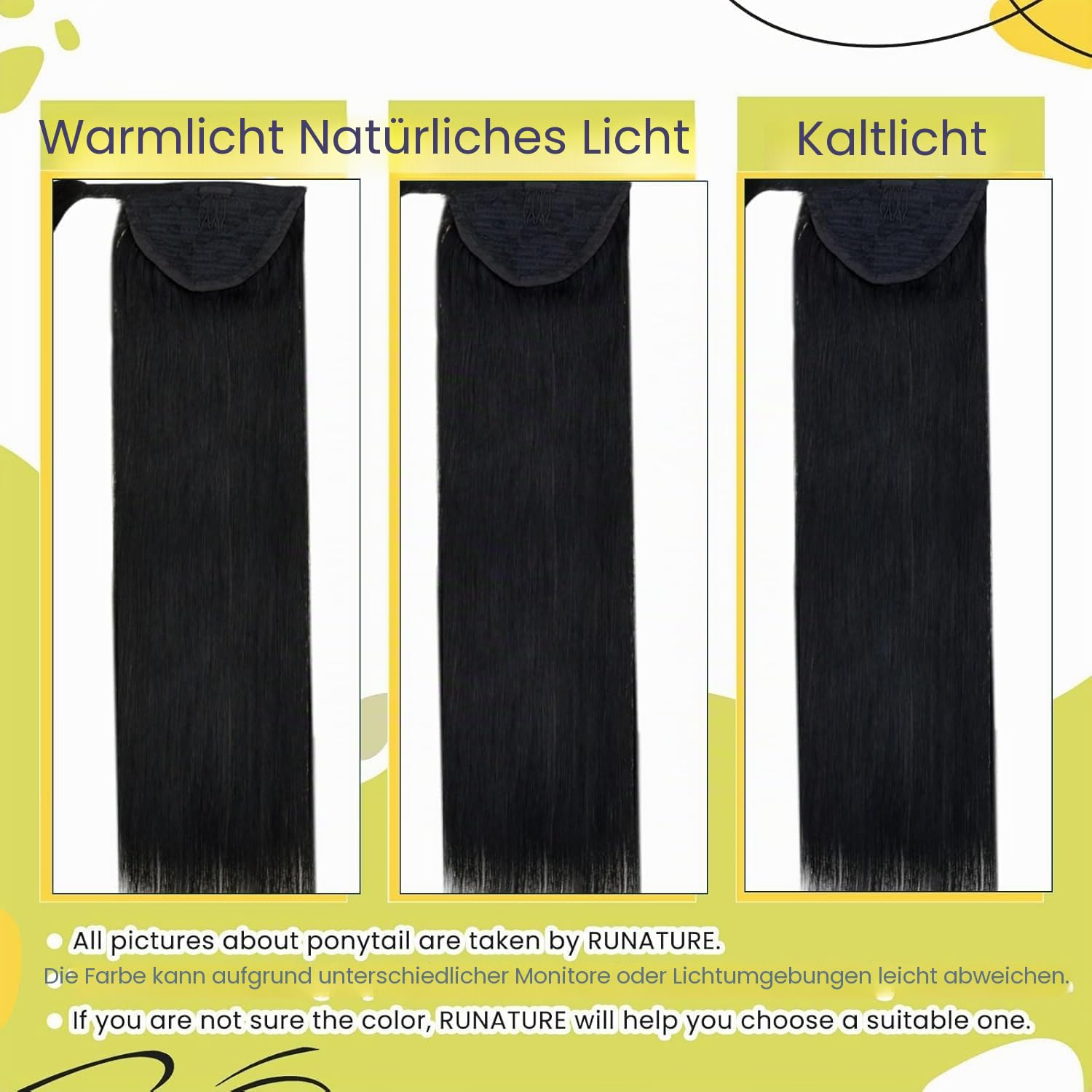 RUNATURE Echthaar Zopf Schwarz 45cm 80g #1 | Clip in Ponytail–hitzebeständig, nahtlos integriert, seidiger Glanz. Kein Haarausfall, verleiht sofort Länge und Fülle.