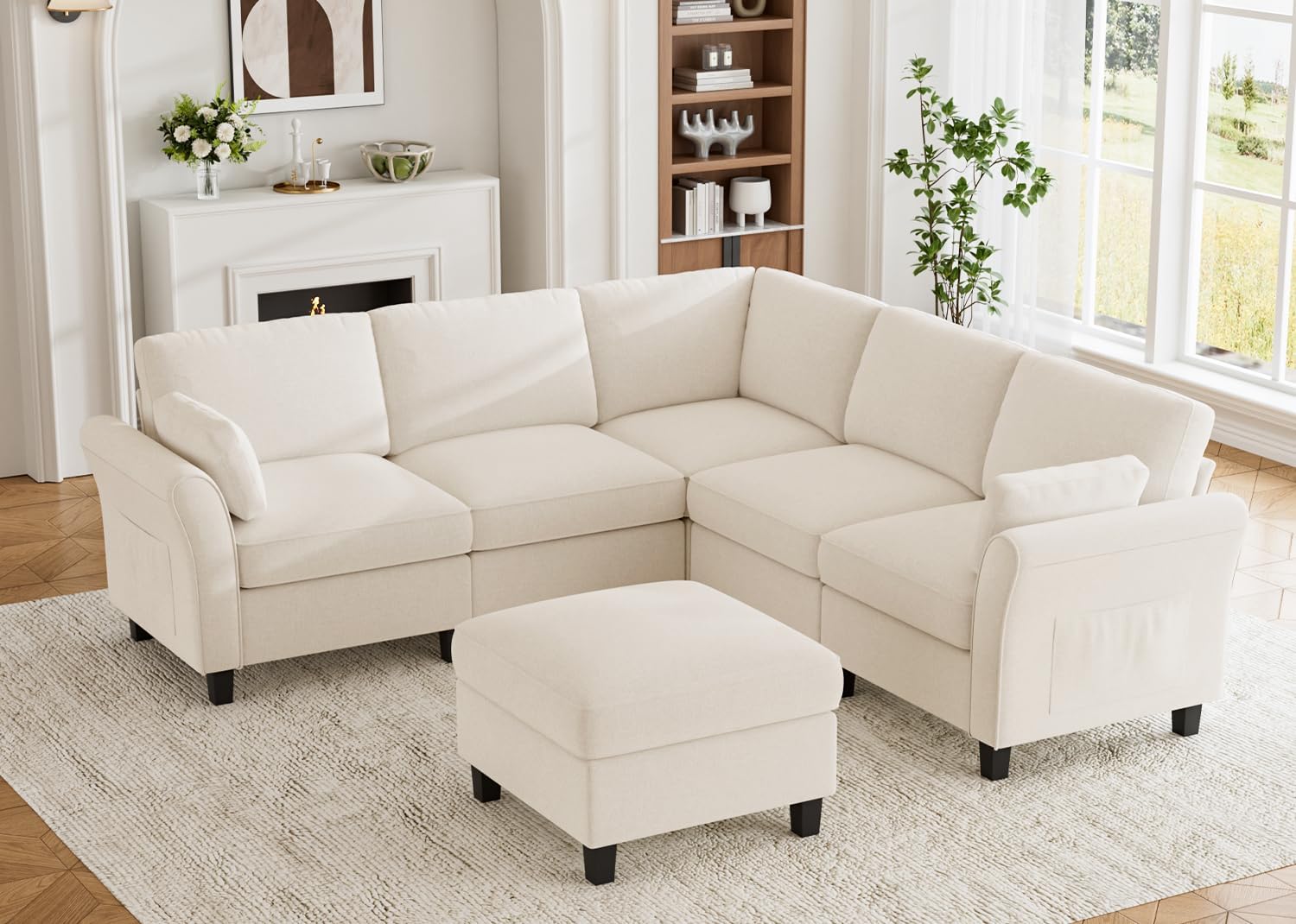 Legend Vansen Modular Sectional Sofa, 6‑Seat Comfy U‑Shaped Sectional Couch with Storage Space and Chaise, Convertible Sectional Couches for Living Room,Sofas Set with Curved Armrests,Cream
