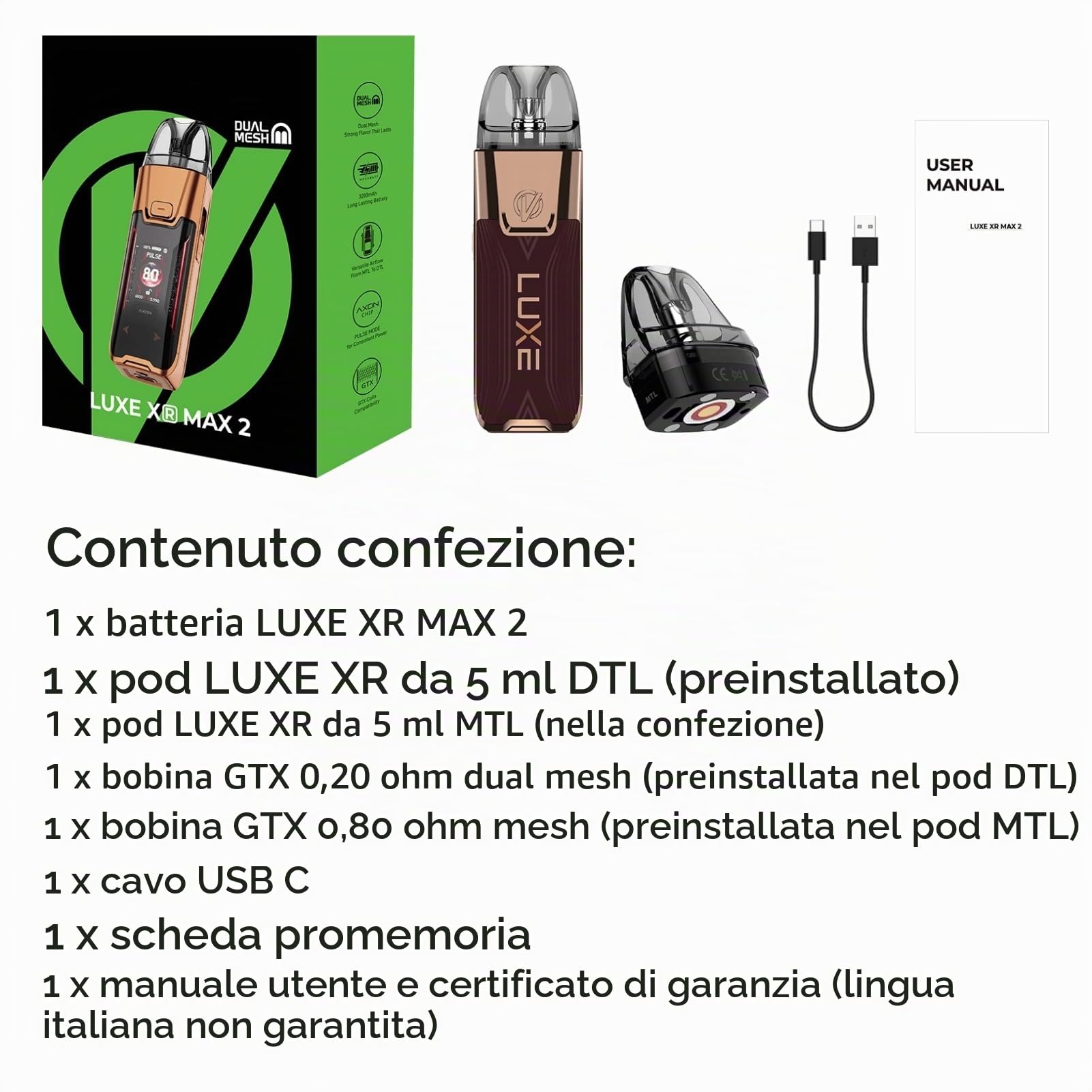For Vaporesso LUXE XR MAX 2 Kit Batteria 3200 mAh (Pelle Nera Scuro) 80 W 5 ML LUXE XR Cartridge Vuota Resistenza GTX Coil 0,2/0,8ohm MTL/DTL Blocco a Un Pulsante Vape Originale - No Nicotine