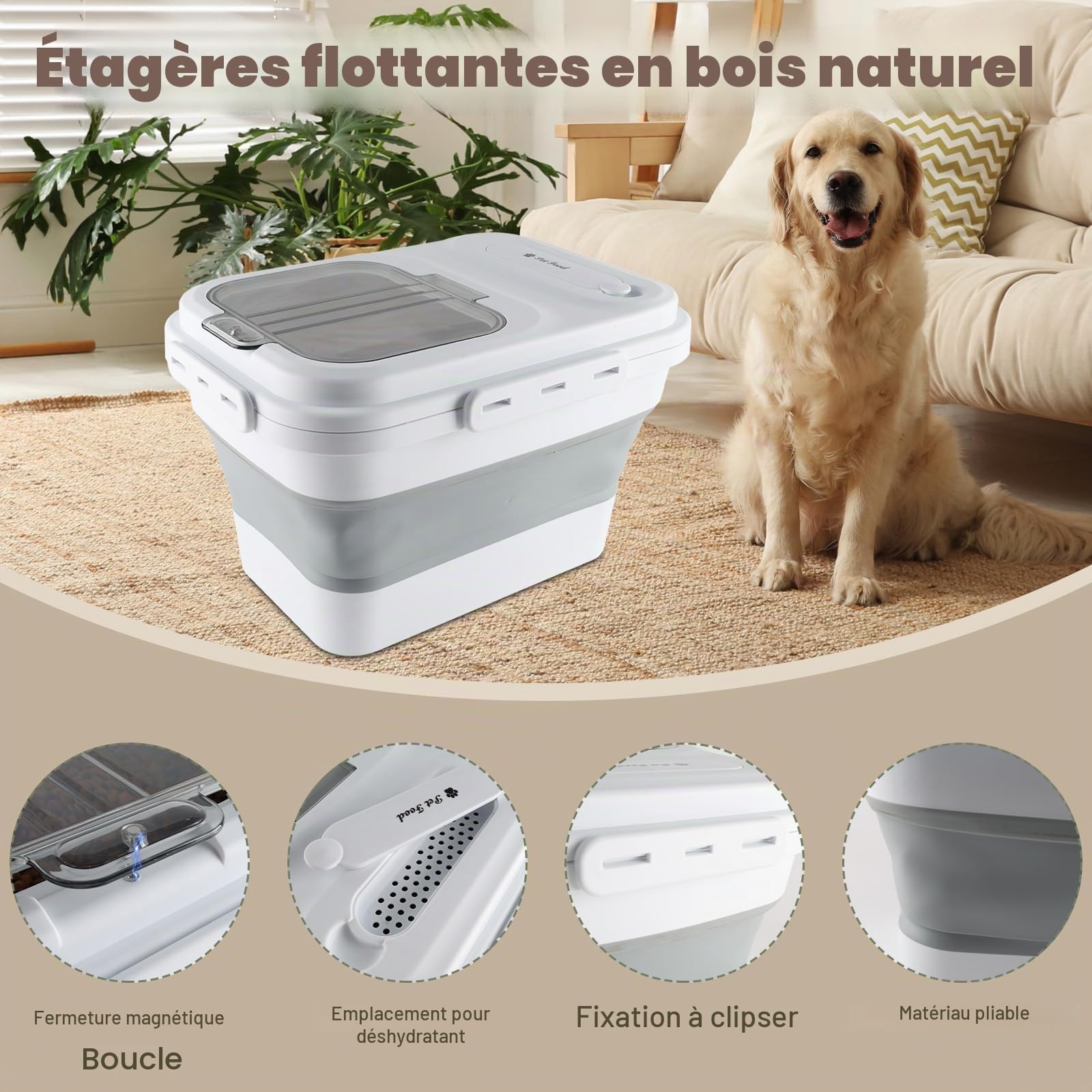 Conteneur pour nourriture pour chiens, 10 kg, pour chiens et chats, avec cuillère, pliable, pour aliments pour animaux domestiques, pour conserver les aliments pour animaux