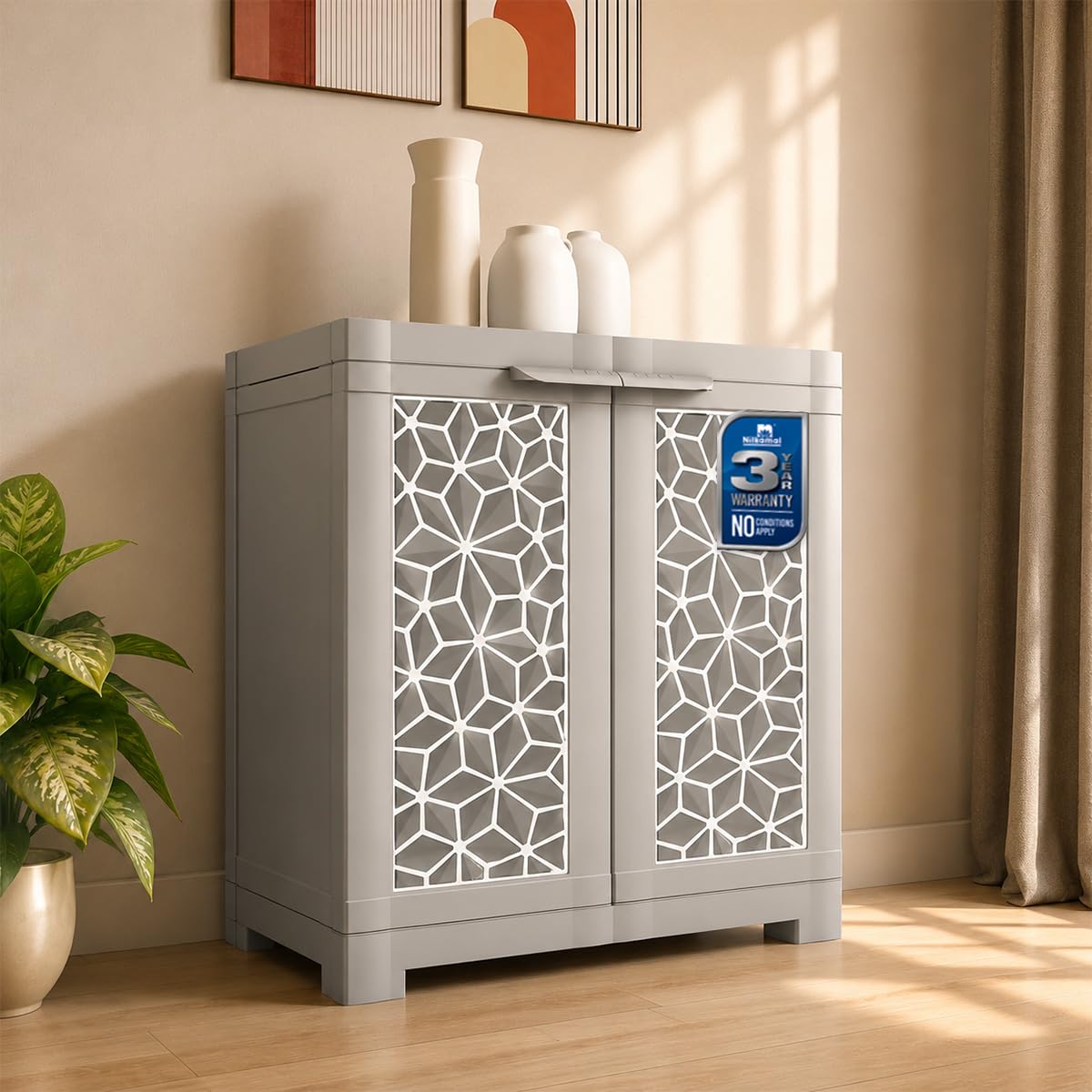 Nilkamal Freedom Star (FMSC09STR) Shoe Rack Plastic Cabinet | 3-Year Warranty | Dustproof Chappal Stand with Door | Indoor & Outdoor | Haze Grey & Milky White