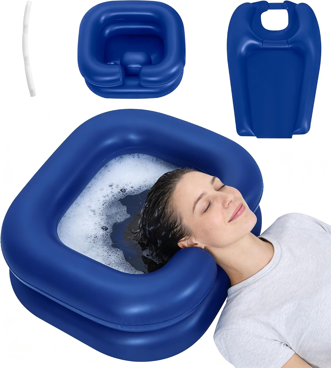 2-in-1 Inflatable Shampoo Basin with Bib & Drain Hose - Portable Hair Washing Station for Bedridden,Deep Blow Up Shampoo Bo