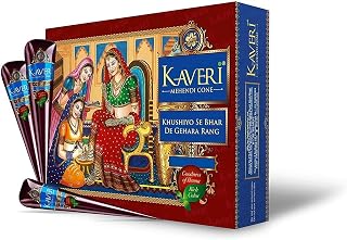 Kaveri Indian Mehendi Henna Cone for Temporary Tattoos and Body Art 12pc in 1 box, All Natural Herbal Ingredients and Chemical Dye Free No PPD, No Side Effects Made from Pure Henna (Pack of 12 Cone Pieces)+ 4 stencils for easy application