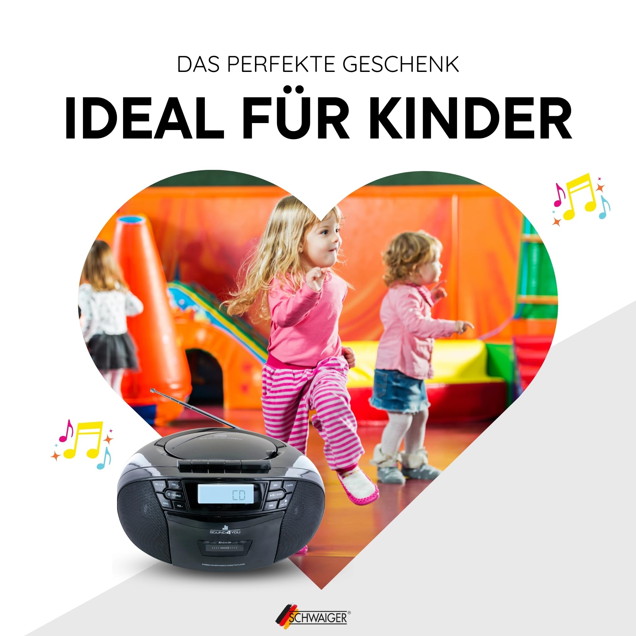SCHWAIGER -658026- Przenośny odtwarzacz CD z kasetami i radiem | MP3 | Złącze USB | Radio FM | Słuchawki AUX | Boombox | Stereo | do domu i w podróży | Zasilanie sieciowe i akumulatorowe | Wyświetlacz