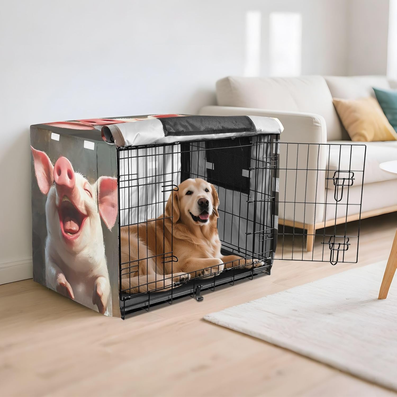 Happy Pig Dog Crate Covers S-XL Water-Resistant Pet Crate Cover with Roll-up Sides, Reduces Barking, X-Large