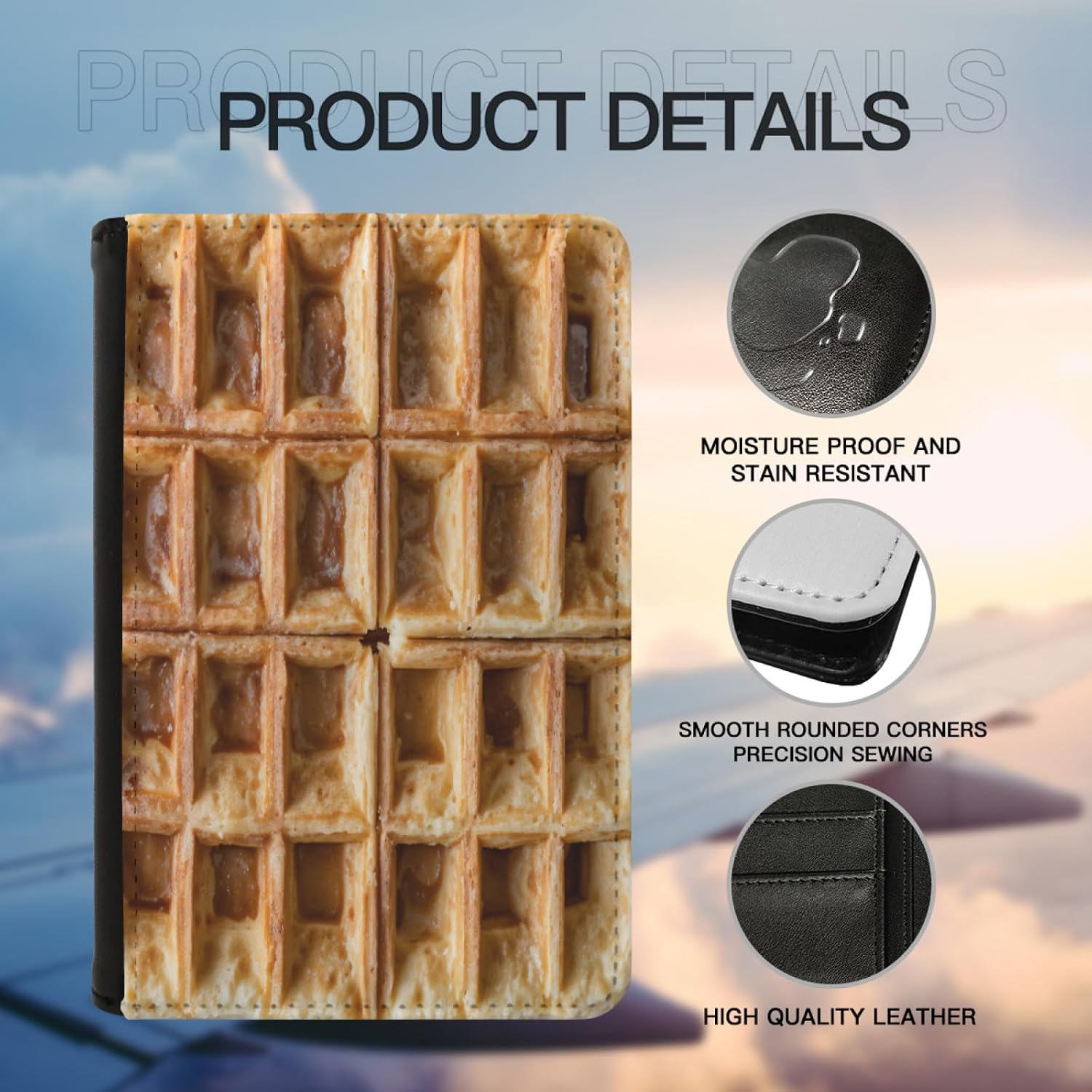 Art and Beyond Leatherette Passport Wallet with Card Storage Pockets Novelty Funny Waffle Cover Breakfast Food Foodie Waffles Lover Up Close Design Fun Design Passport Holder Case, Black image 5