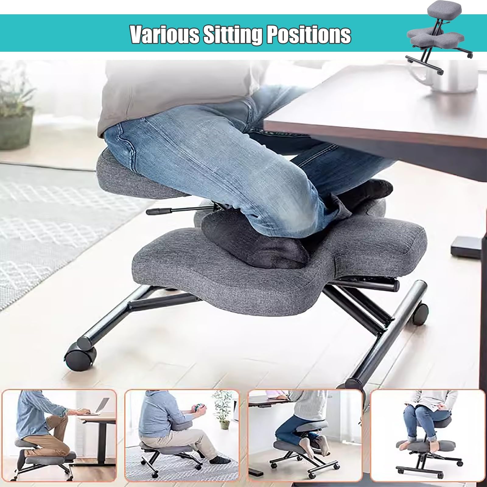 Chaise Genouillée Ergonomique - Réglable, Avec Roues, Support Dos, Capacité 250 Lbs, Pour Bureau