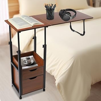 Overbed Table Mobile Bedside Desk with Foldable Top & 4 Lockable Wheels, Adjustable Height & 44-Pound Capacity for Home Hospital Office Use, Black and Oak Color
