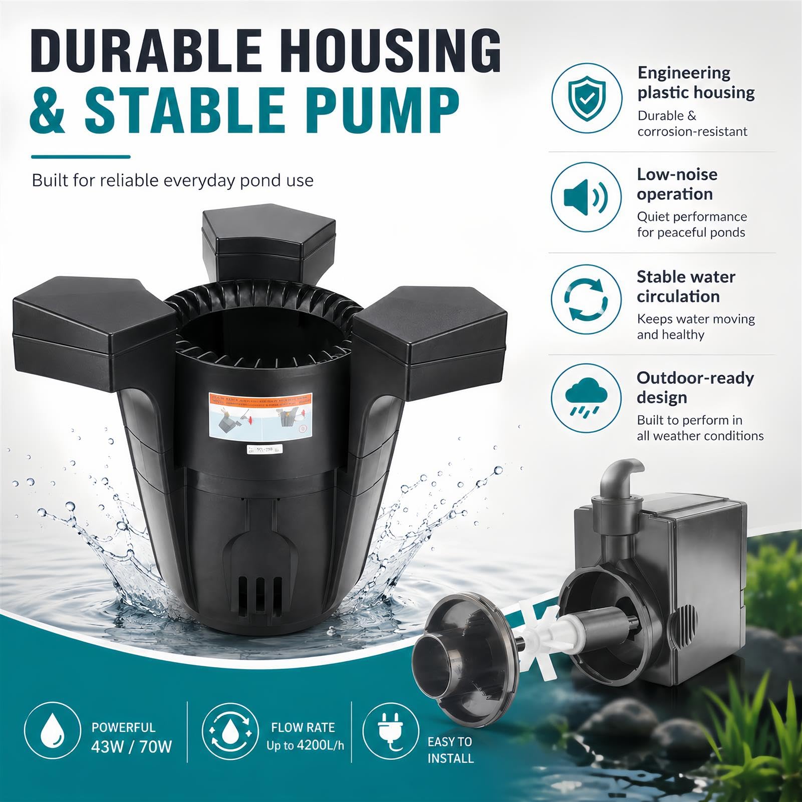 Skimmer Galleggiante per Laghetto, Pulitore di Superficie per Laghetto, Pompa Filtro per Laghetto da 43w/70w, Skimmer Galleggiante per Laghetti da Giardino