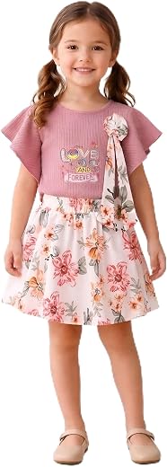 Arshia Fashions Girls Skirt &amp; Top Set | Cotton Ribbed Top with Floral Skirt | Stylish Casual &amp; Party Outfit for Girls