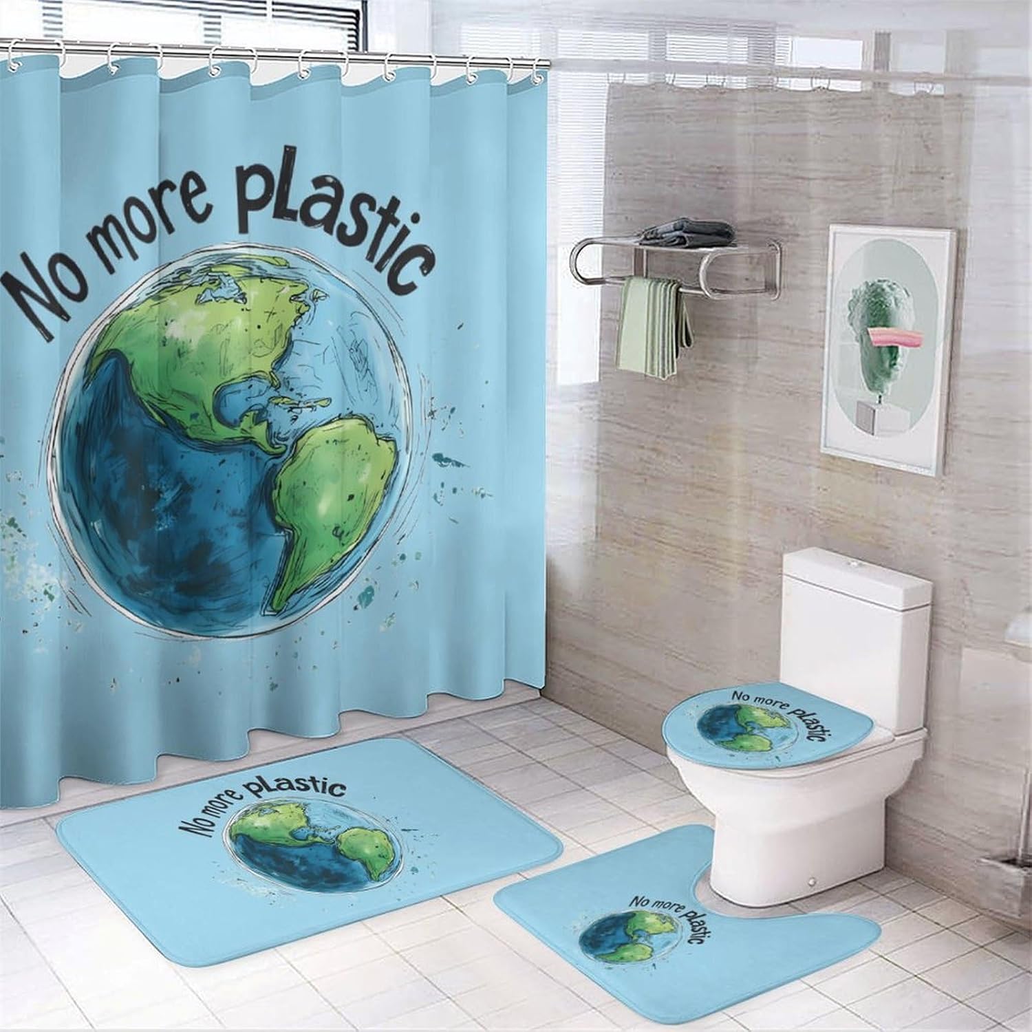 No More Plastic Modern Bathroom Sets with Shower Curtain and Rugs Decor 4 Pcs with 12 Hooks