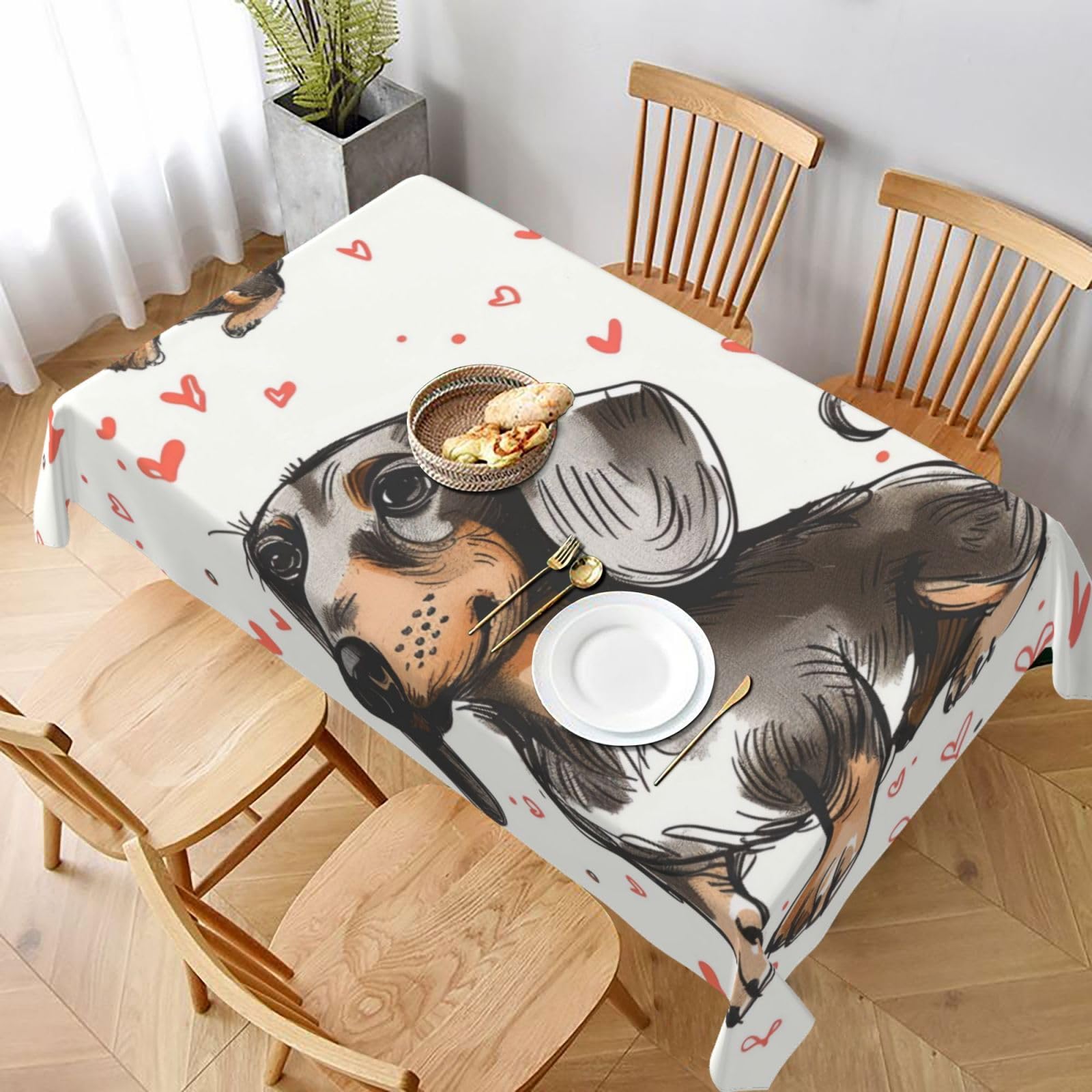 WPKJU I Love My Dog Dachshunds Printed Tablecloth 60x90 in Water Resistant Table Cover Washable Rectangle Table Cloth for Dining Tables
