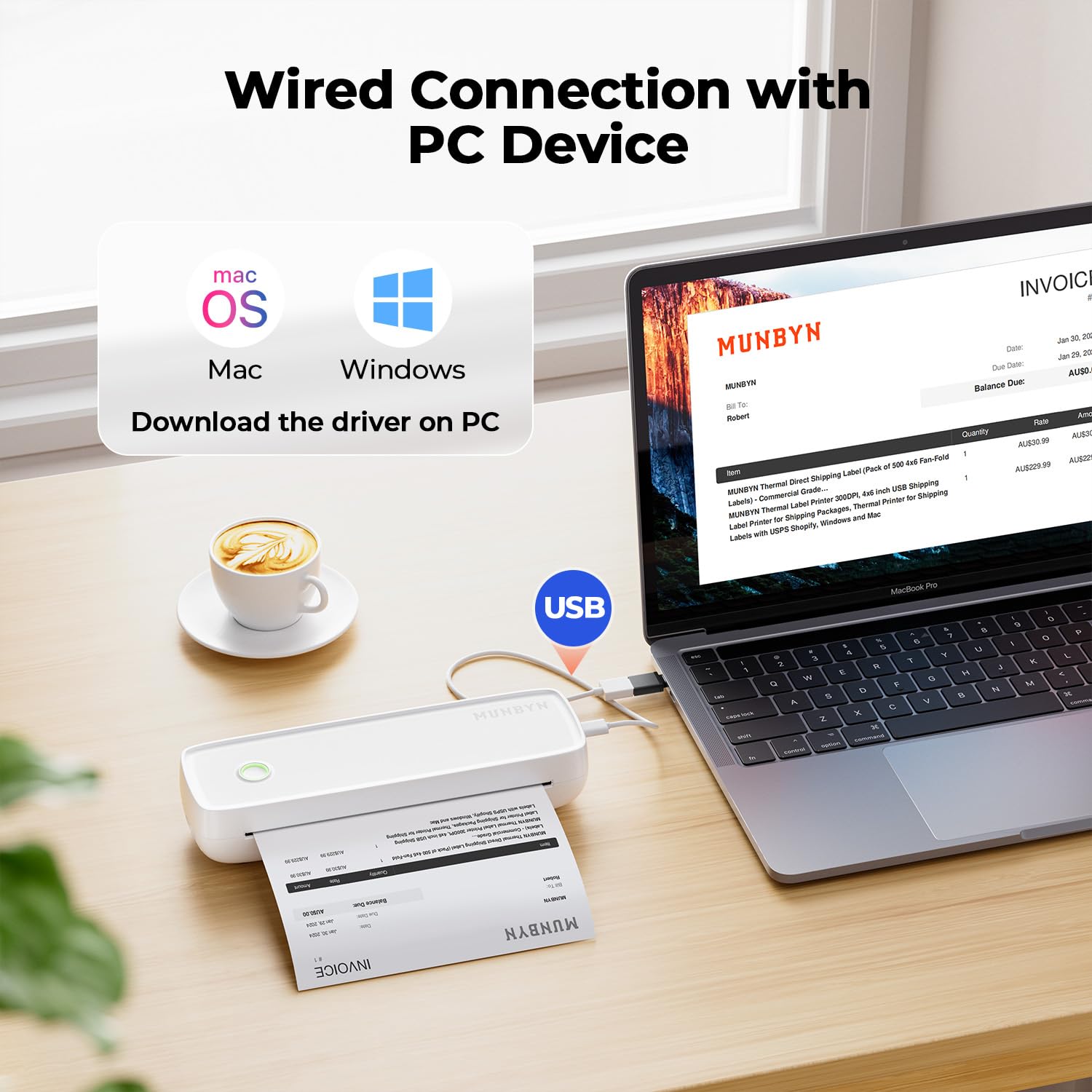 MUNBYN Impresora Portátil Inalambrica, Impresora Bluetooth A4, Compatible con teléfonos Android e iOS y Portátil, Papel Impresora A4/4''/3''/2'', ITP04, Blanco