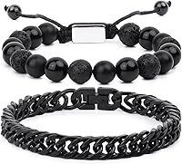 Vista 68 de Black Beaded Bracelets for Men Boys: 6mm Obsidian Onyx Lava Beads Mens Bracelet Set Mens Jewelry - Cool Anniversary Valentines Fathers Birthday