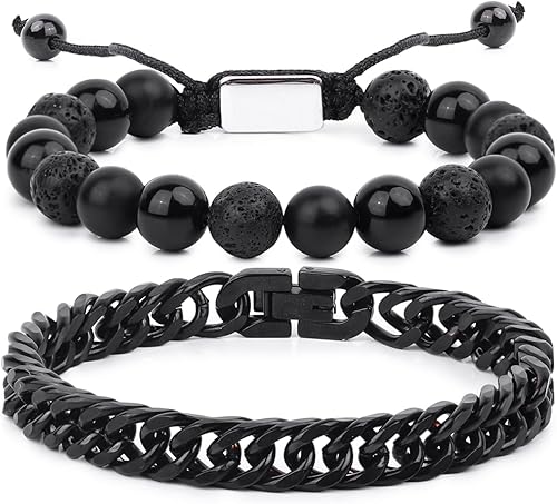 Miniatura 68 de Black Beaded Bracelets for Men Boys: 6mm Obsidian Onyx Lava Beads Mens Bracelet Set Mens Jewelry - Cool Anniversary Valentines Fathers Birthday