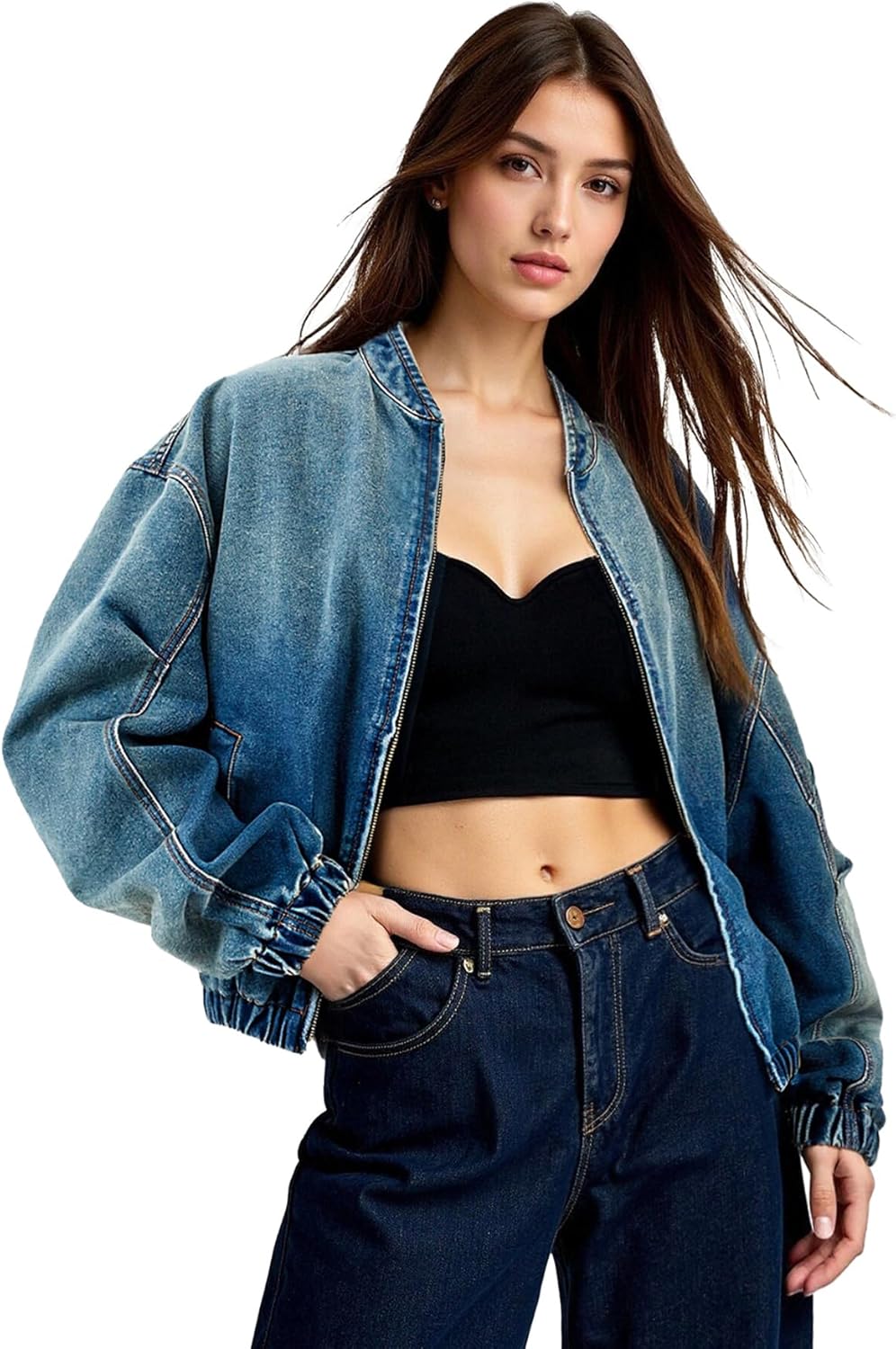 chic women's denim aviator jacket in dark wash, relaxed fit zipper closure coat ensure comfort - Image 7