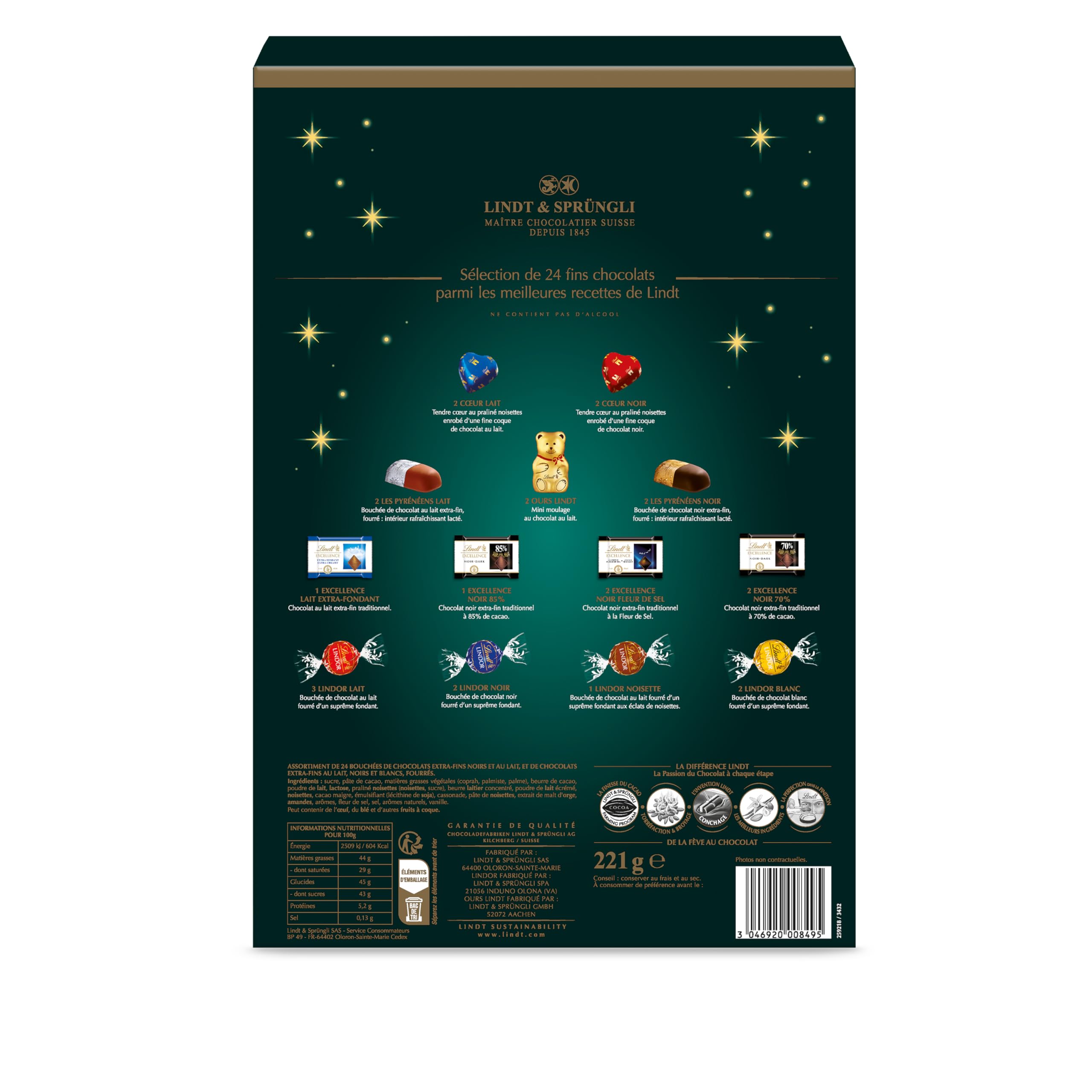 Lindt - Calendrier de l'Avent - Assortiment de Chocolats au Lait, Noirs et Blancs - Idéal pour Noël, 221g
