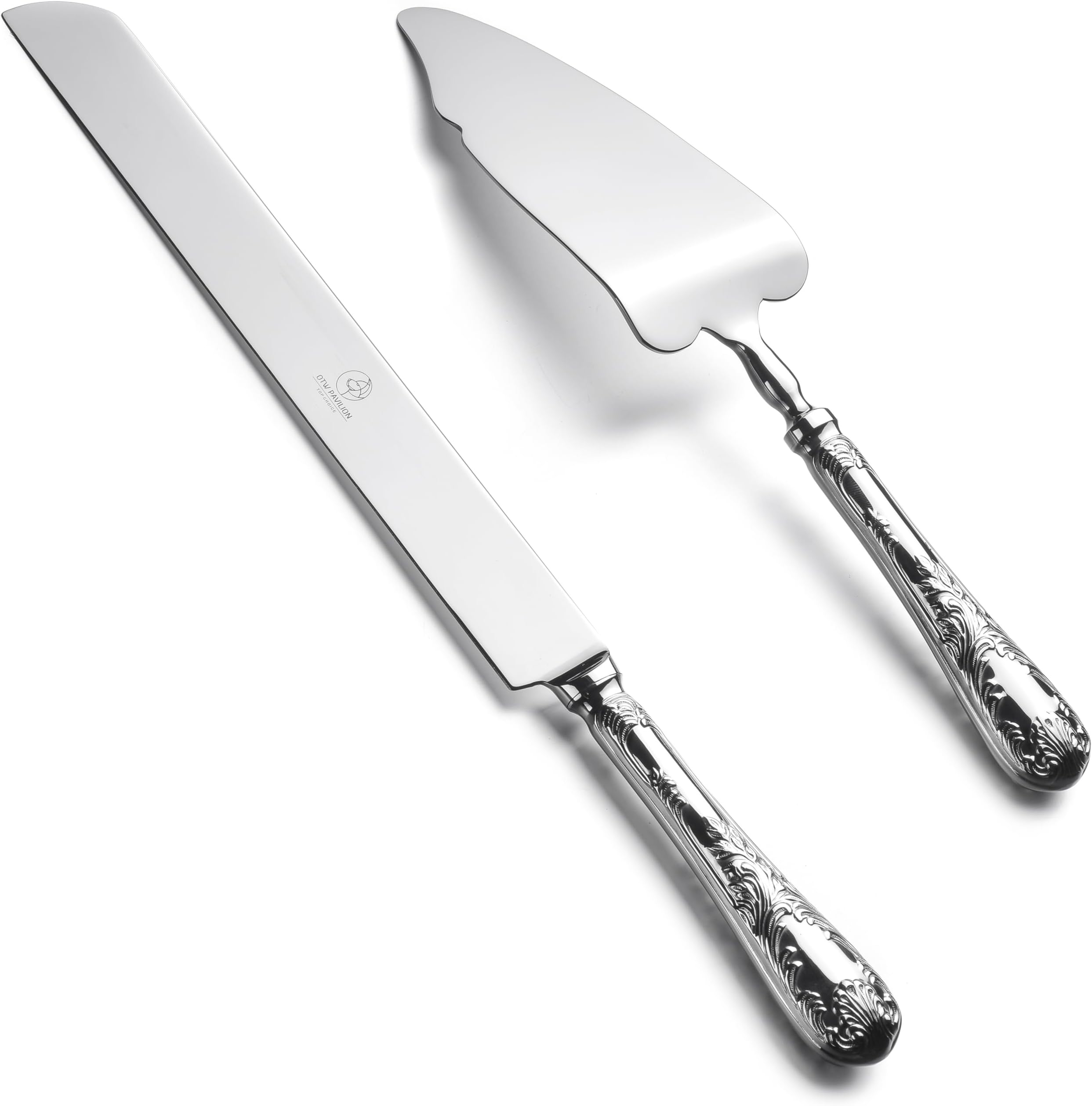 2 Piece Wedding Cake Server Set,18/10 Stainless Steel Dessert Set Pie Server Cake Cutter Knife for Birthday,Anniversary,Holiday,Baby Shower,Party (Versailles, Stainless steel-V)
