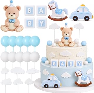 Blue Bear Cake Decoration Teddy Bear Blue White Balls Cake Topper Baby Shower Birthday Cake Decoration for Birthday Party Decorations