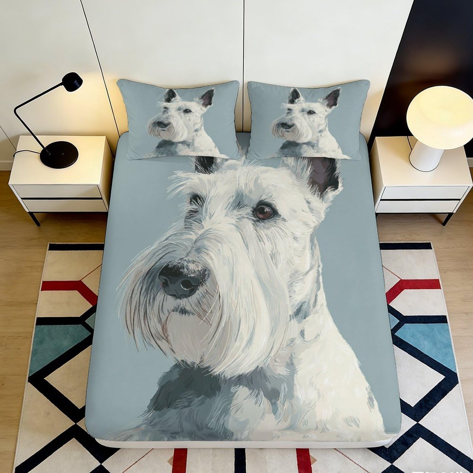 3D Printed White Schnauzer Dog Fitted Sheet Microfiber Soft Breathable Pet Portrait Bed Cover for Bedroom Guest Room Mattress Decor 90x200x25cm