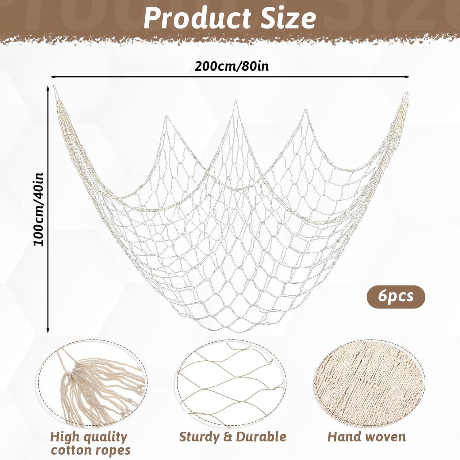 6 Pieces Fish Net Decor, 80 x 40 Inch Natural Fishnet Decoration, Cotton Netting Ocean Themed Decorative Supplies for Hawaiian, Nautical, Pirate, Mermaid, Beach Sea Party Home Decor