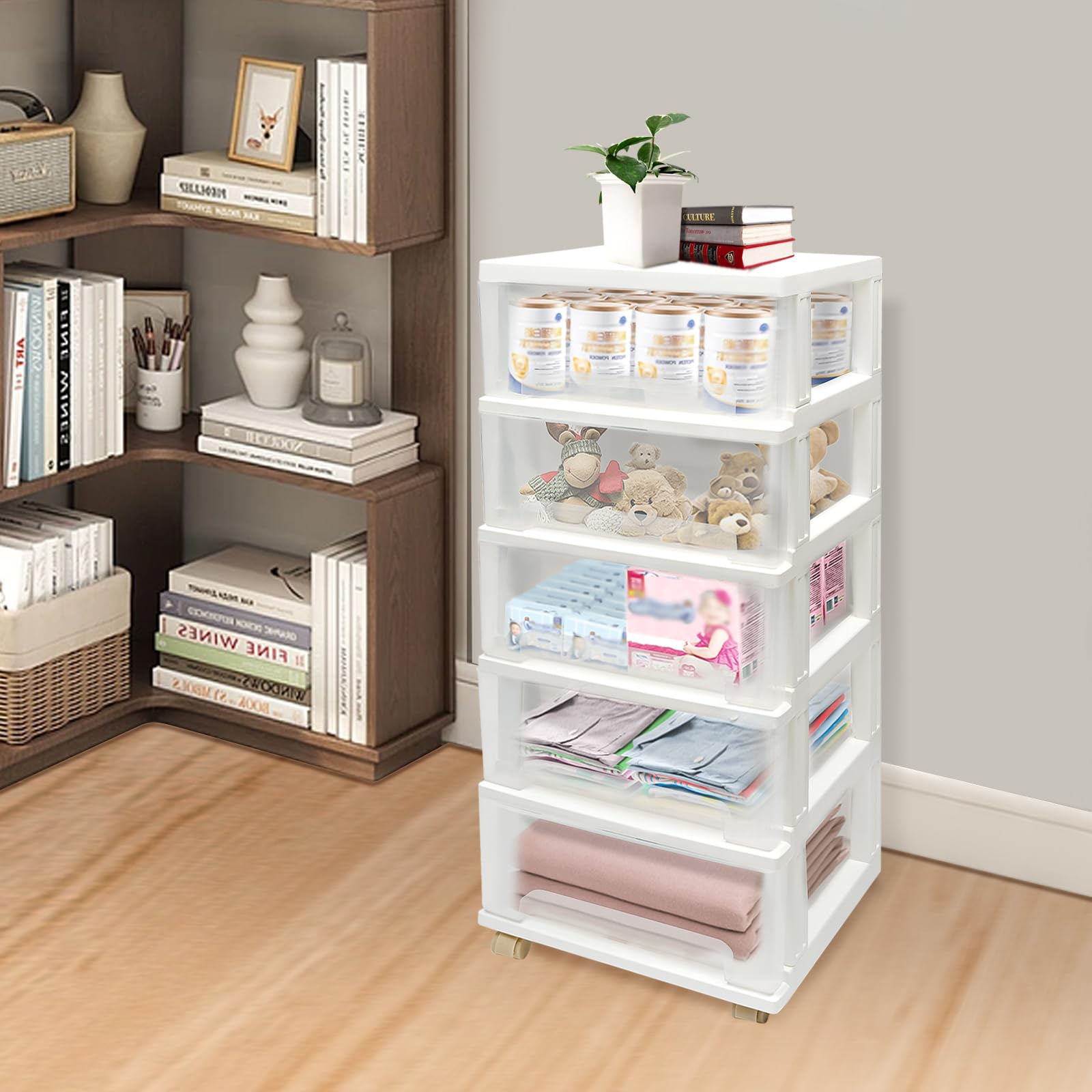 Schubladenschrank, 5-Schubladen-Organizer Aufbewahrungsbox mit 4 Rädern, Organisationstruhe für Familien, Schulen, Fitnessstudios, Arbeitsplätze, Büros, Kliniken, 40 * 33 * 98cm (Weiß)