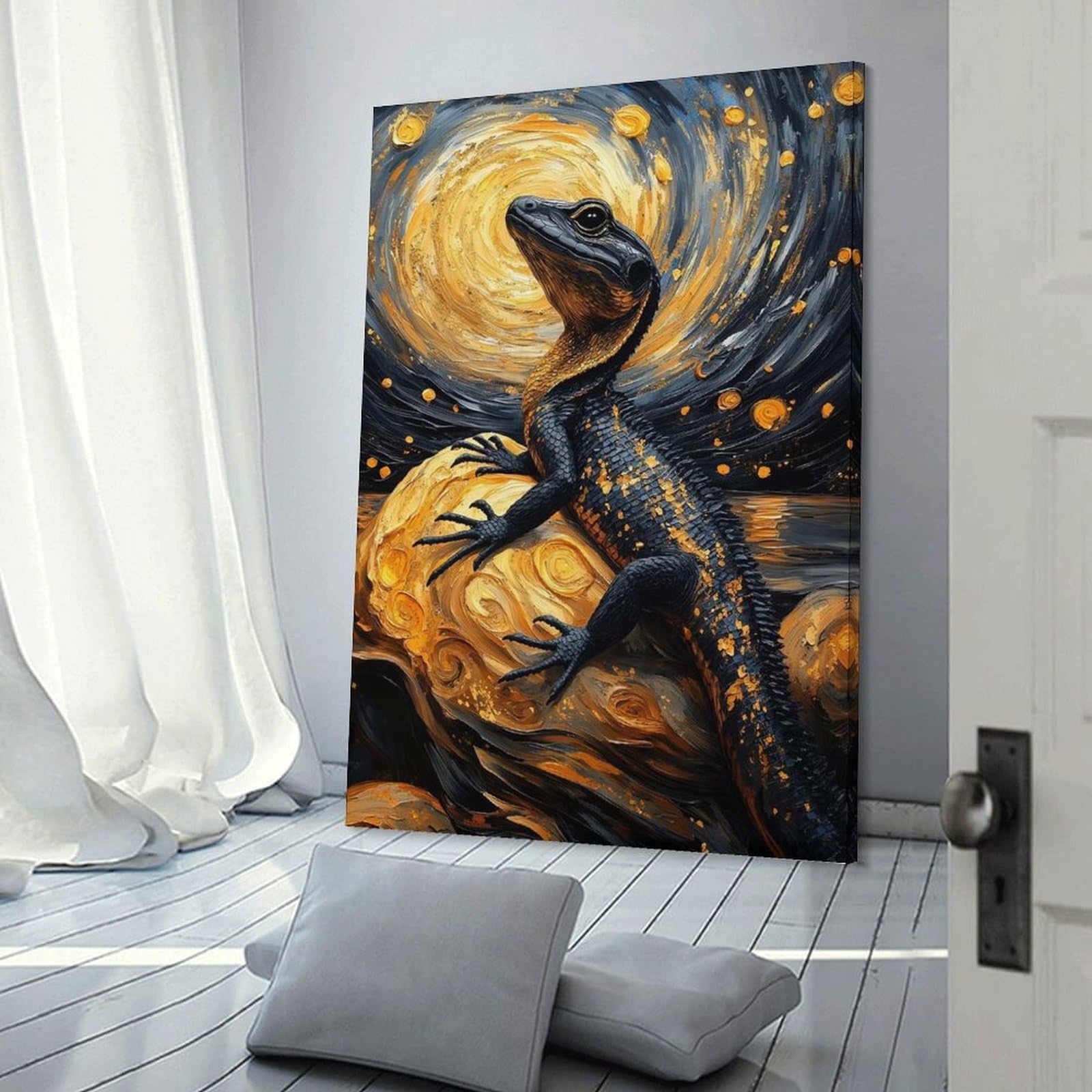 Junmoney Frame-Style-11 Lizard On Golden Rock, Starry Night Hanging Wall Art 24X36inch(60X90cm), For Restful Interiors, Bedrooms Or Small Rooms, Home Artwork With A Soft Interior Feel