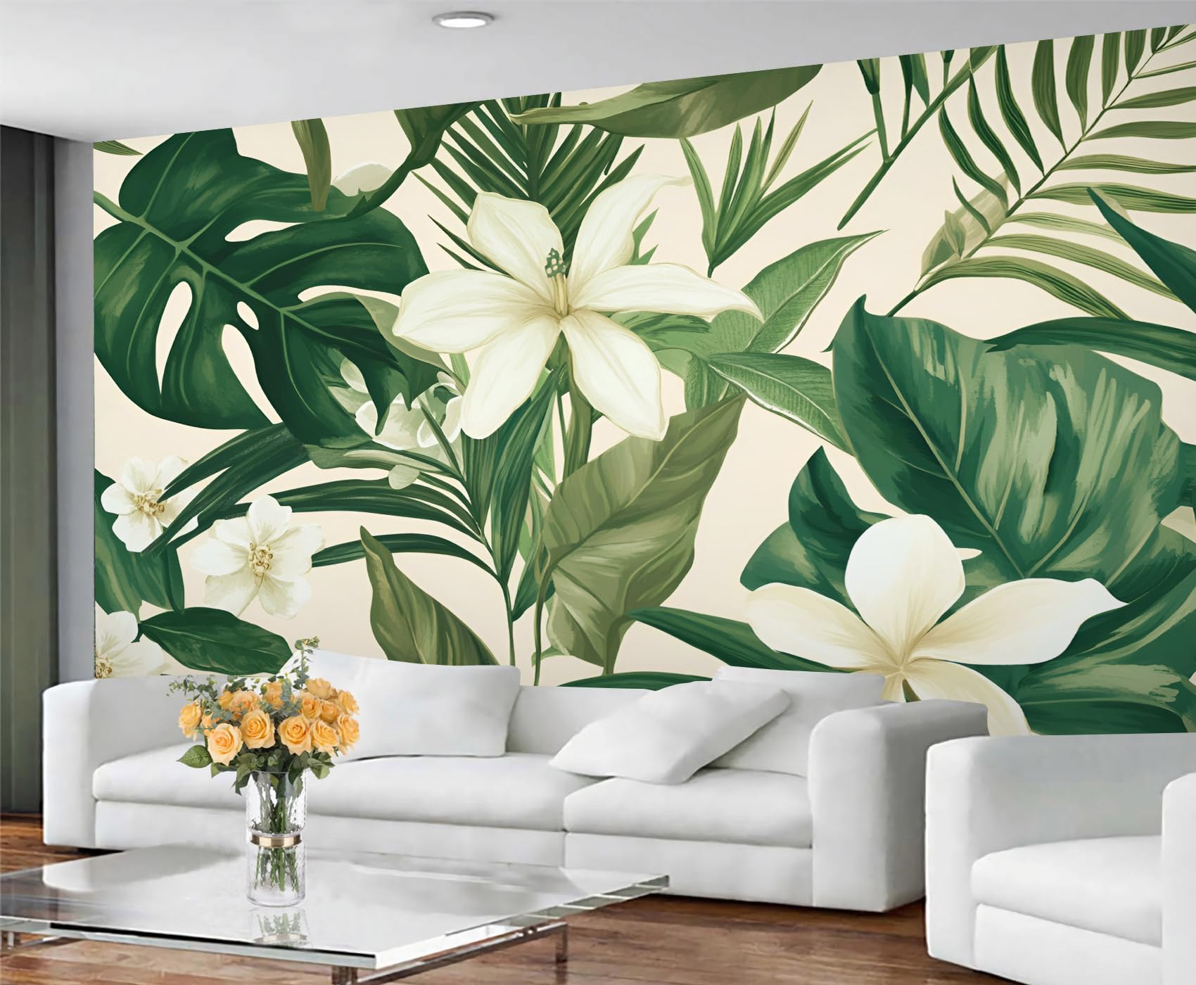 GIVLWF Vintage Wallpaper Mural Tropical Leaves Bedroom Wallpaper White Floral Wall Paper for Living Room Non Self Adhesive Murals & Home Decor โ image 1