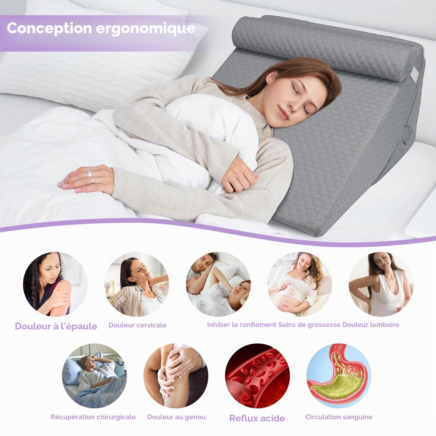 Babenest Oreiller de lit orthopédique en forme de coin, ensemble de 3 oreillers triangulaires avec appui-tête pour l'élévation des jambes, après chirurgie, reflux acide, soutien du dos, coussin
